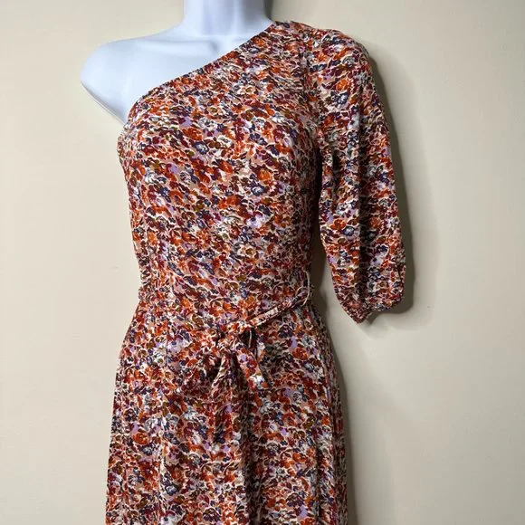 American Eagle Multicolor Floral One Shoulder Belted Midi Dress XS - Picture 3 of 10